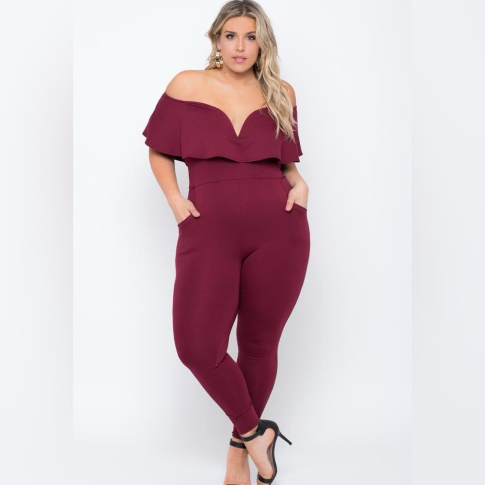 Curvy Sense Elegant Off-Shoulder Burgundy Jumpsuit with Pockets Size 1X